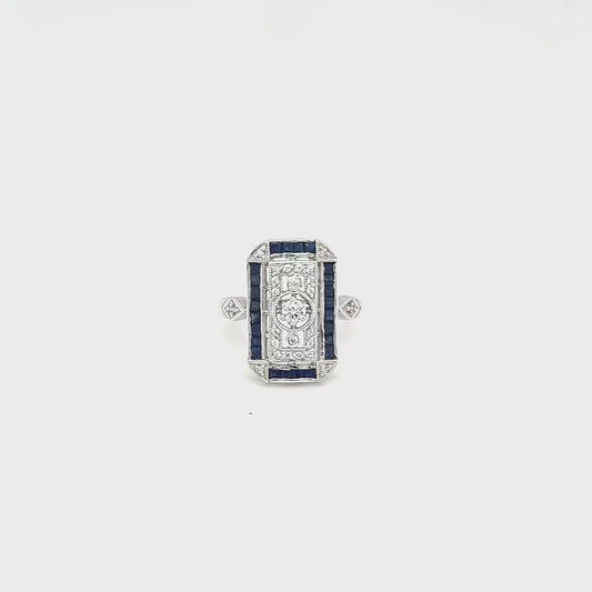 Dolores: Art Deco Style Ring in Natural Sapphire, Cubic Zirconia  and Sterling Silver