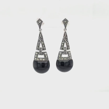 Ella: Art Deco Drop Earrings in Black Onyx, Marcasite and Sterling Silver