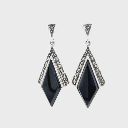 Stella: Art Deco Drop Earrings in Black Onyx, Marcasite and Sterling Silver