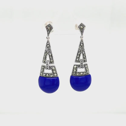 Ella: Art Deco Drop Earrings in Synthetic Lapis Lazuli, Marcasite and Sterling Silver