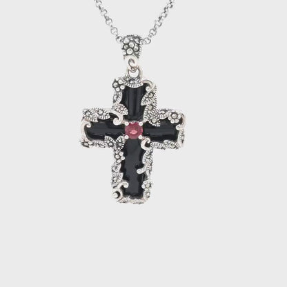 Buffy: Gothic Cross Pendant in Onyx Marcasite Garnet and Sterling Silver