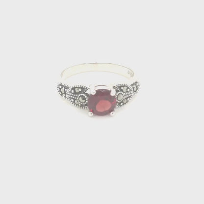 Eleanor: Art Deco Ring in Red Garnet, Marcasite and Sterling Silver