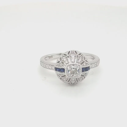 Camilla: Art Deco Style Ring in White Cubic Zirconia Synthetic Sapphire and Sterling Silver