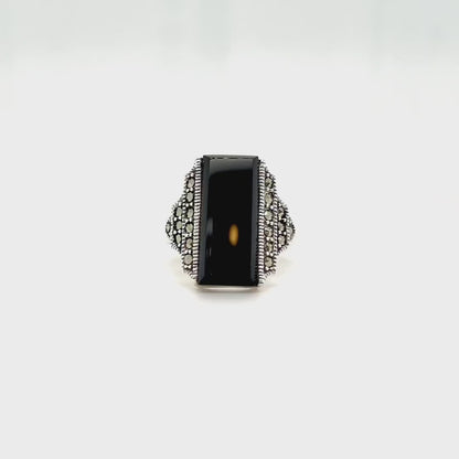 Frances: Art Deco Ring in Black Onyx, Marcasite and Sterling Silver