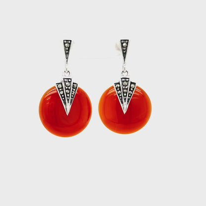 Mabel: Round Art Deco Drop Earrings in Carnelian, Marcasite and Sterling Silver