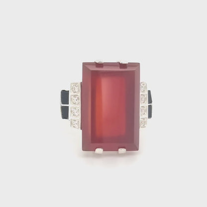 Dominique: Art Deco Design Ring in Carnelian Onyx Cubic Zirconia and Sterling Silver