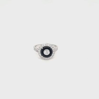 Greta: Round Art Deco Ring in Black Onyx, Cubic Zirconia and Sterling Silver