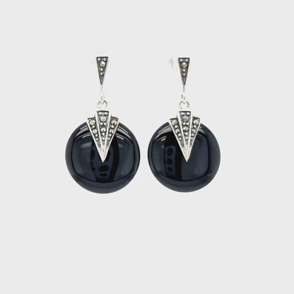 Mabel: Round Art Deco Drop Earrings in Black Onyx, Marcasite and Sterling Silver