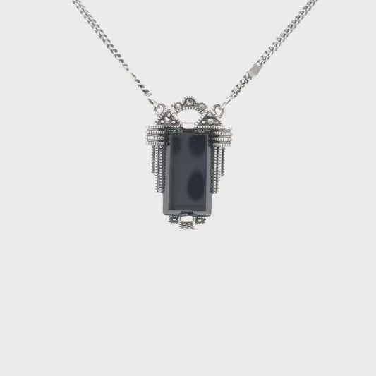 Nadia: Art Deco Necklace in Black Onyx, Marcasite and Sterling Silver