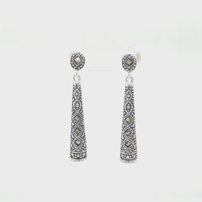 Imogen: Art Deco Drop Earrings in Marcasite and Sterling Silver