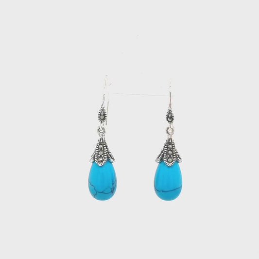 Clover: Art Deco Drop Earrings in Turquoise, Marcasite and Sterling Silver