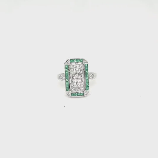 Dolores: Art Deco Style Ring in Natural Emerald, Cubic Zirconia and Sterling Silver