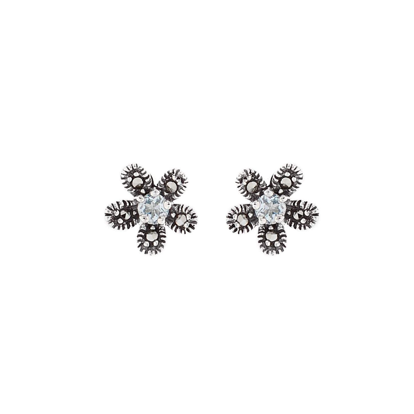 Hermia: Flower Stud Earrings in Blue Topaz, Marcasite and Sterling Silver