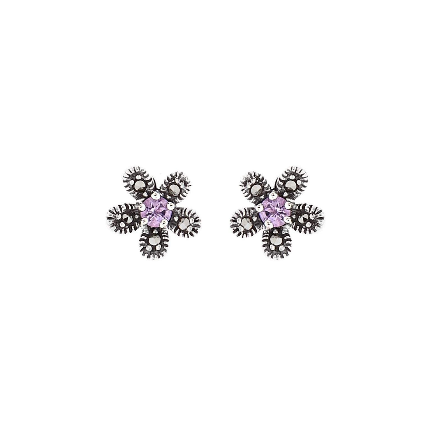 Hermia: Flower Stud Earrings in Amethyst, Marcasite and Sterling Silver