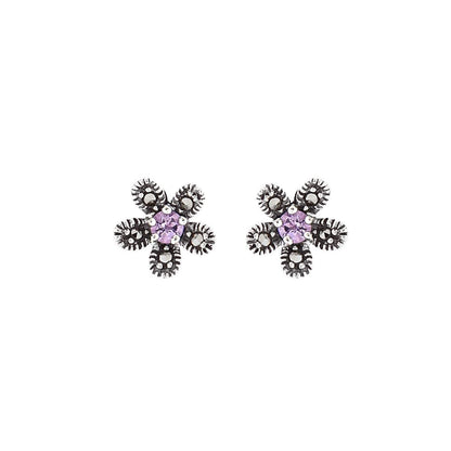 Hermia: Flower Stud Earrings in Amethyst, Marcasite and Sterling Silver