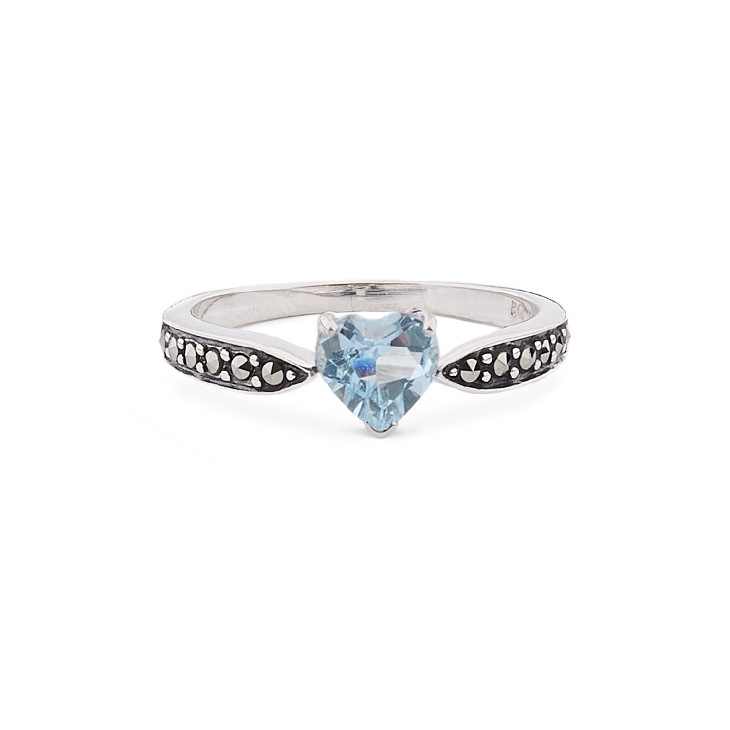 Art Deco Style Heart Ring: Sterling Silver, Marcasite, Blue Topaz