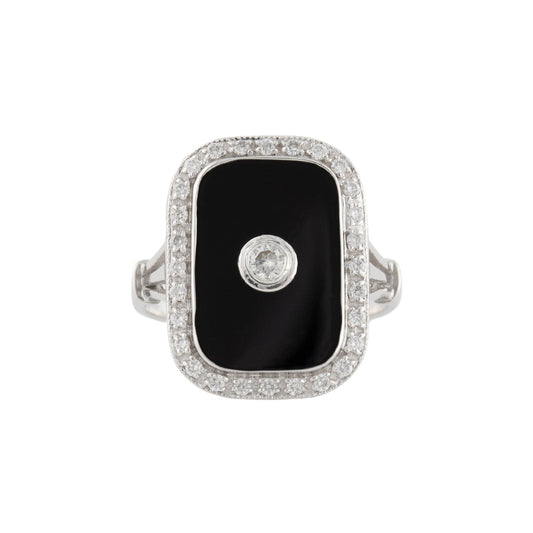 Art Deco Style Ring: White Gold, Onyx and Diamond