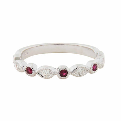 Art Deco Style Ring: 9ct White Gold, Diamond and Rubies