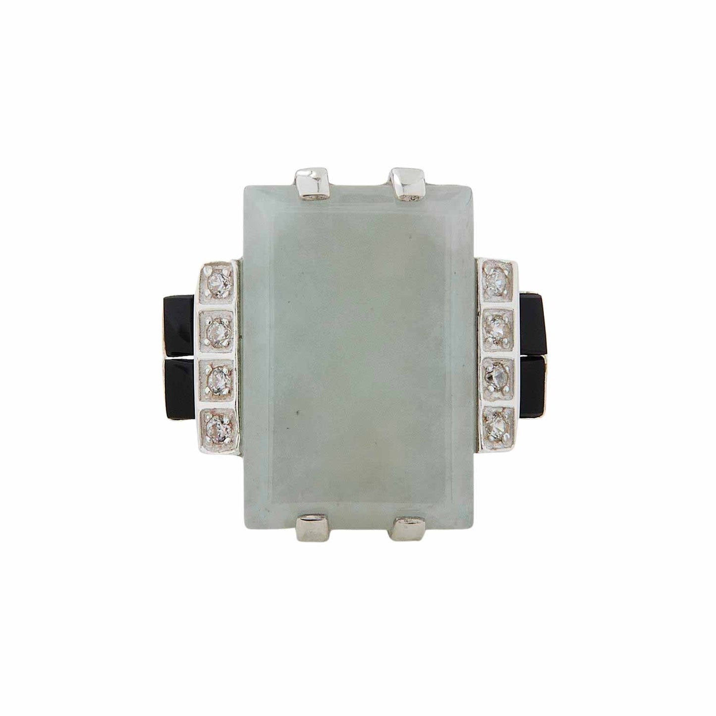 Art Deco Design Statement Cocktail Ring: Sterling Silver, Jade, Onyx, Cubic Zirconia
