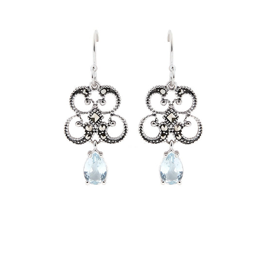 Titania: Art Nouveau Drop Earrings in Blue Topaz, Marcasite and Sterling Silver