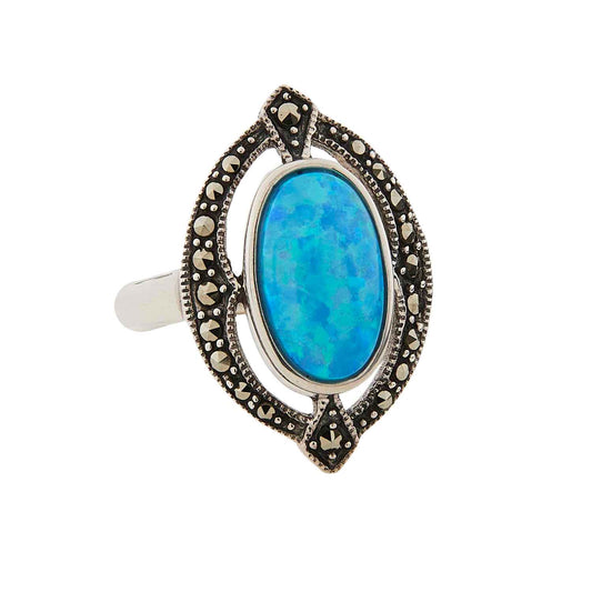 Art Deco Style Ring: Sterling Silver, Cultured Opal, Marcasite