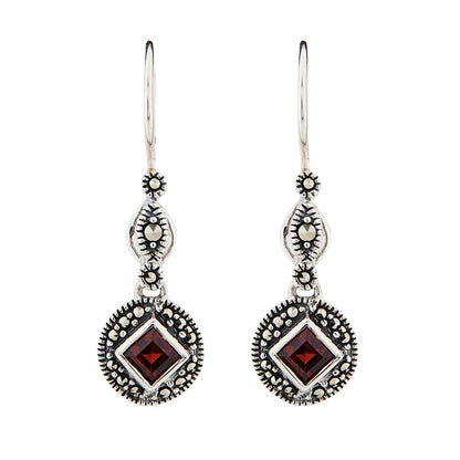 Miranda: Art Deco Drop Earrings in Red Garnet, Marcasite and Sterling Silver