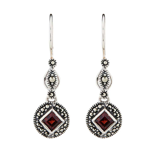 Miranda: Art Deco Drop Earrings in Red Garnet, Marcasite and Sterling Silver