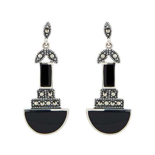 Jolene: Art Deco Drop Earrings in Black Onyx, Marcasite and Sterling Silver