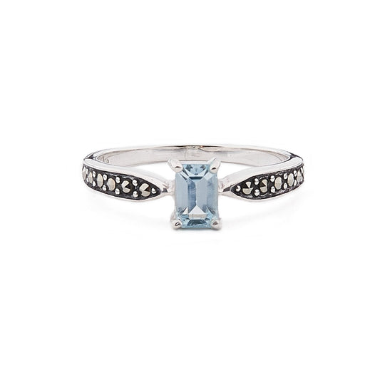 Art Deco Style Ring: Blue Topaz, Sterling Silver, Marcasite