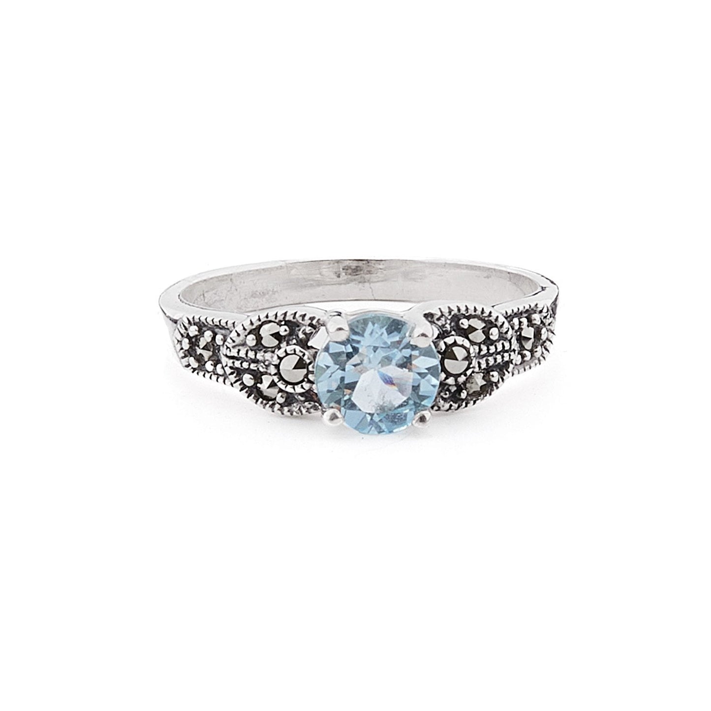 Art Deco Style Ring: Sterling Silver, Marcasite, Blue Topaz