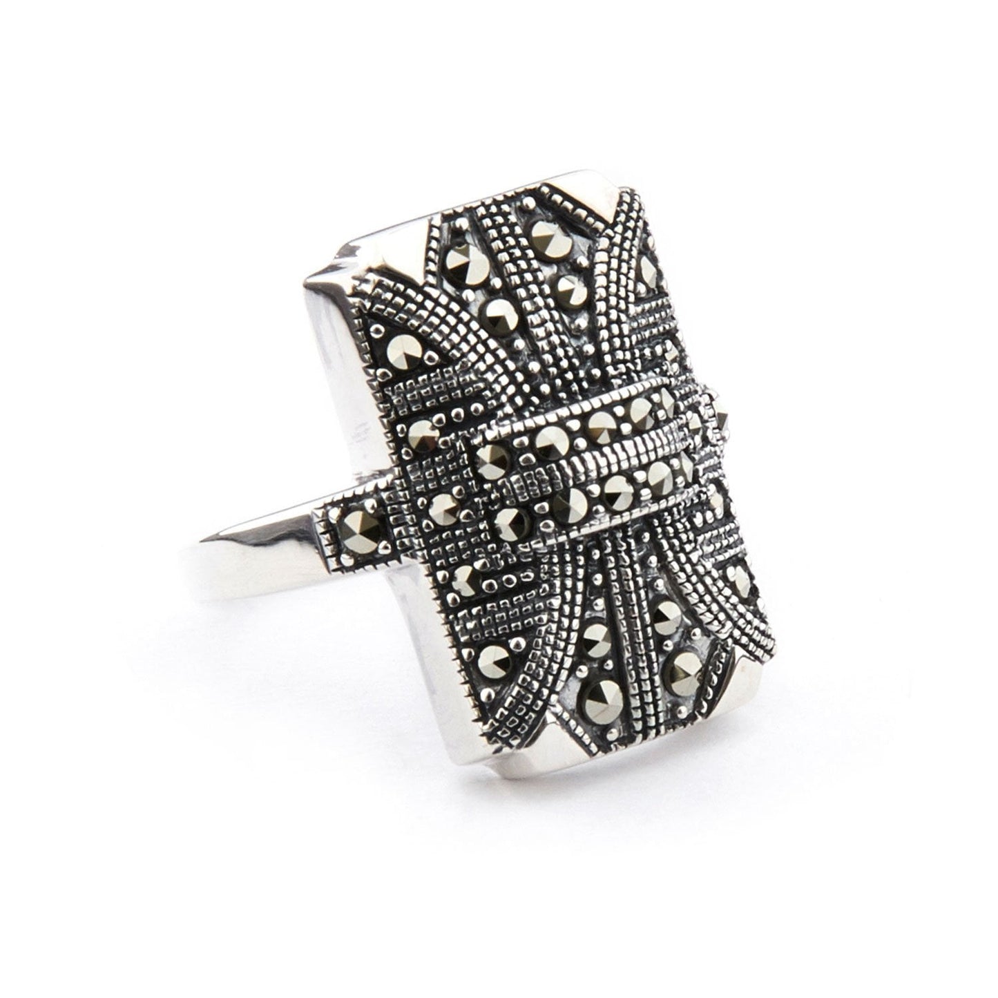 Art Deco Style Shield Ring: Sterling Silver, Marcasite 