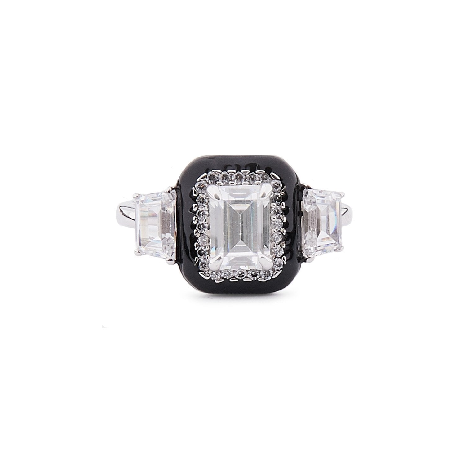 Art Deco Style Ring: Sterling Silver, Cubic Zirconia, Black Enamel