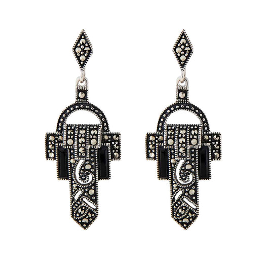 Tallulah: Art Deco Design Earrings in Onyx, Marcasite and Sterling Silver